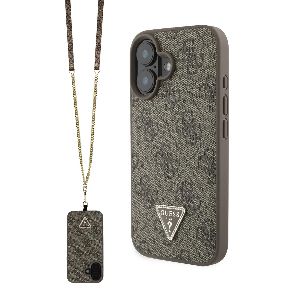 Guess PU 4G Strass Triangle Metal Logo Zadní Kryt + Crossbody Popruh pro iPhone 16 Brown GUHCP16SP4TDSCPW