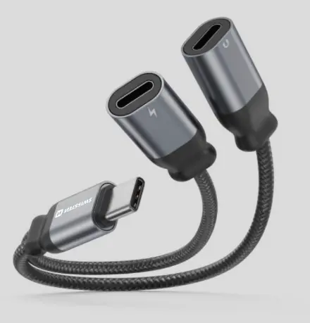 Nabíjecí audio adaptér Swissten Textile USB-C - 2x USB-C 0,12 m černý