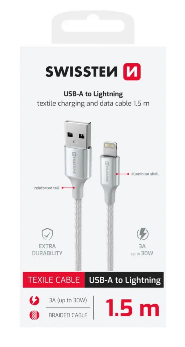 Datový kabel Swissten Textile II USB-A - Lightning 1,5 m bílý