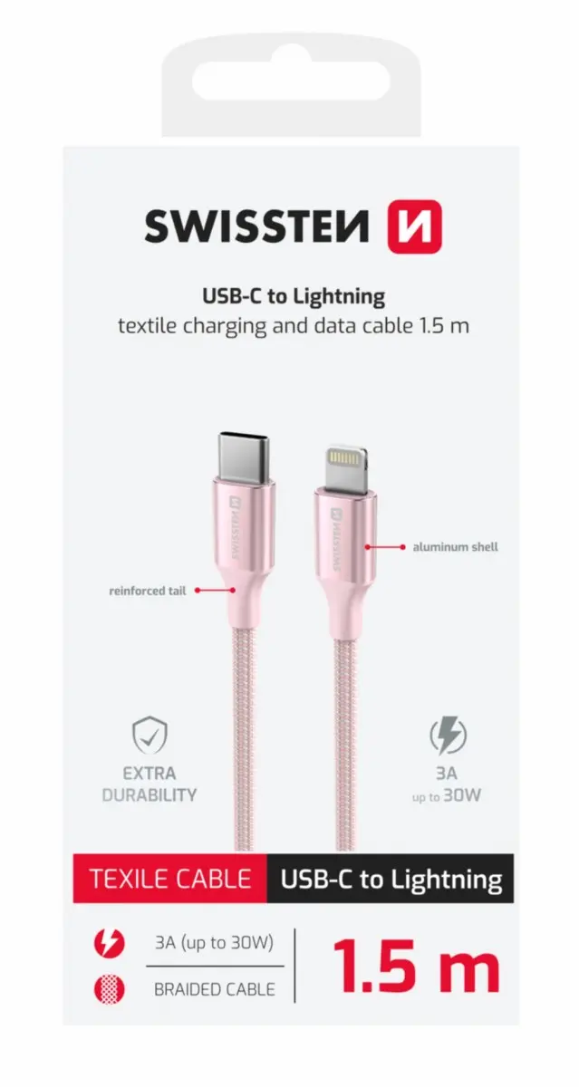 Datový kabel Swissten Textile II USB-C - Lightning 1,5 m růžový