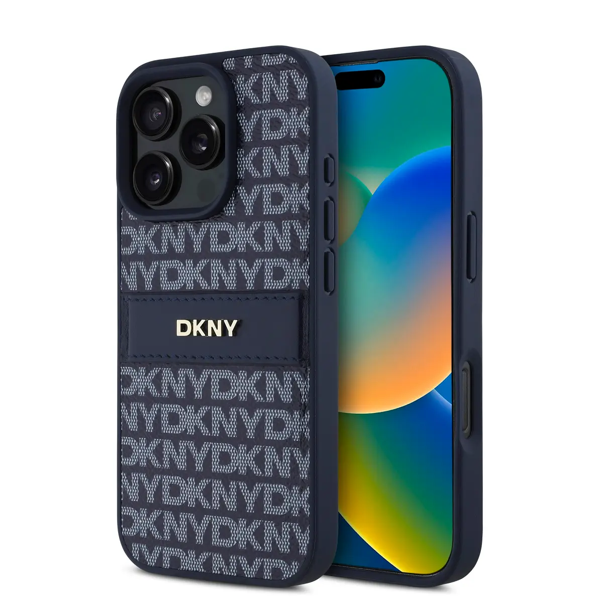 Zadní kryt DKNY PU Leather Repeat Pattern Tonal Stripe pro iPhone 16 Pro Max Blue