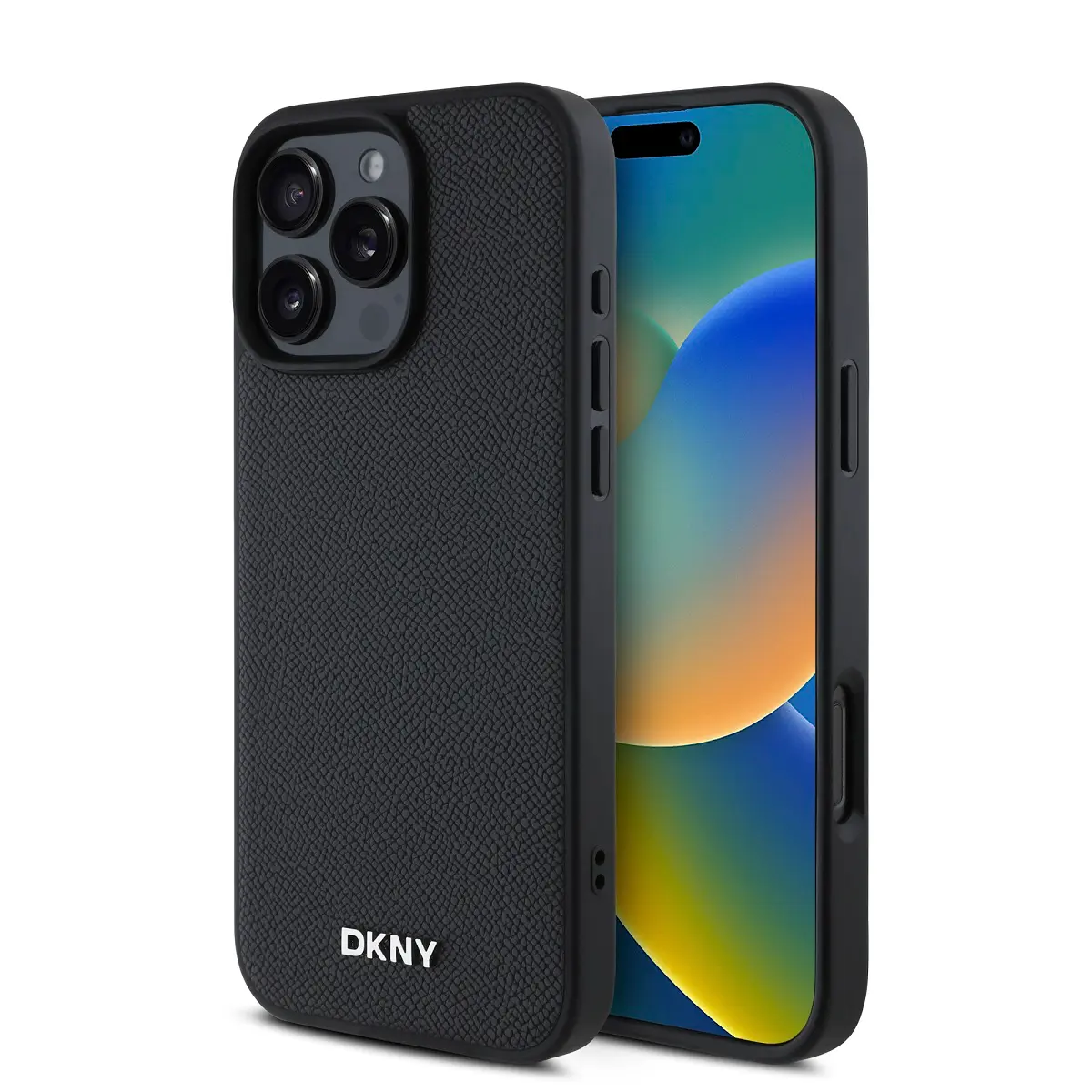 Zadní kryt DKNY PU Leather Silver Metal Logo Magsafe pro iPhone 16 Pro Black