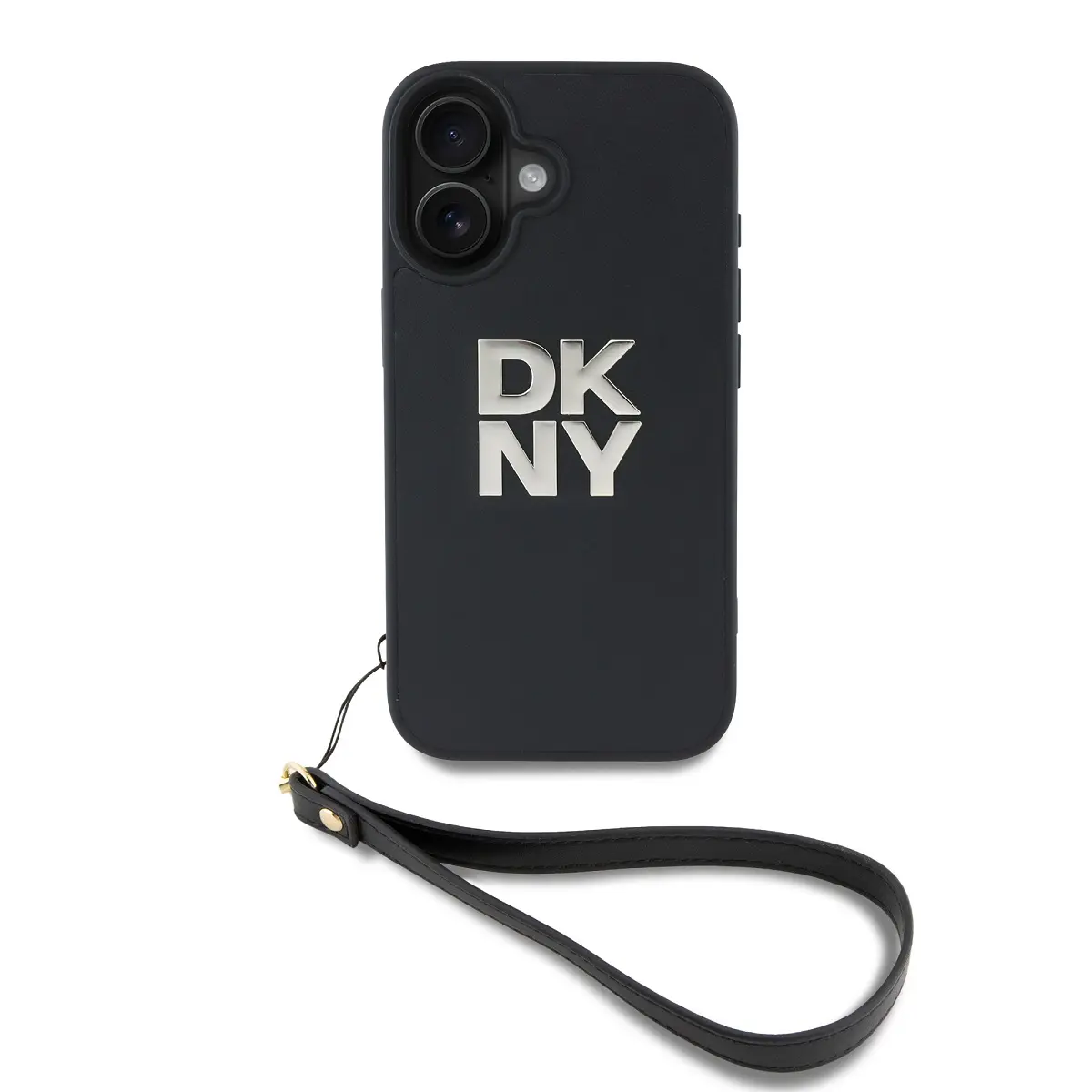 DKNY PU Leather Stack Logo Wrist Strap Zadní Kryt pro iPhone 16 Black DKHCP16SPBSWSK