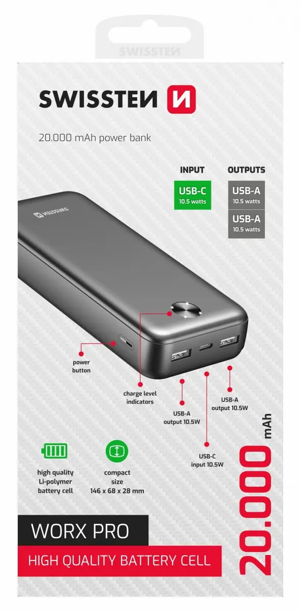 Swissten Power bank 20000 mAh WORX PRO - černá