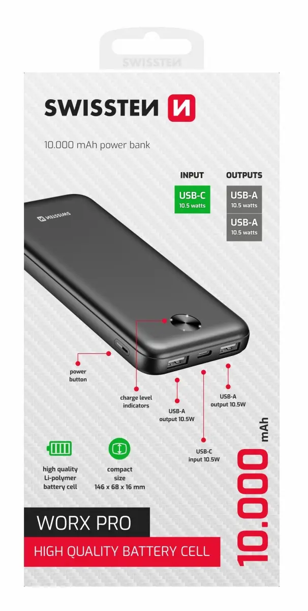 Swissten Power bank 10000 mAh WORX PRO - černá