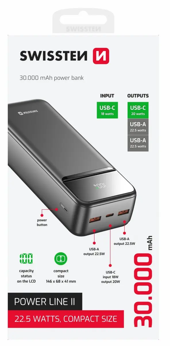 Swissten Power bank 30000 mAh POWER LINE II - černá