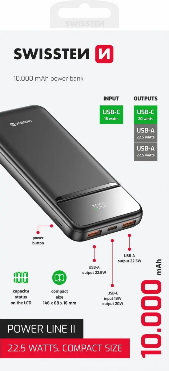Swissten Power bank 10000 mAh POWER LINE II - černá