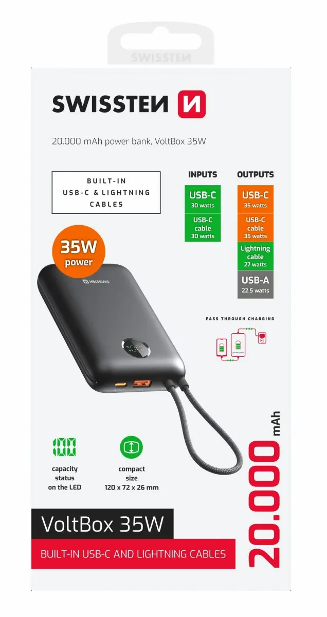 Powerbank Swissten Voltbox 20000 mAh s integrovanými kabely USB-C a Lightning 35W černá