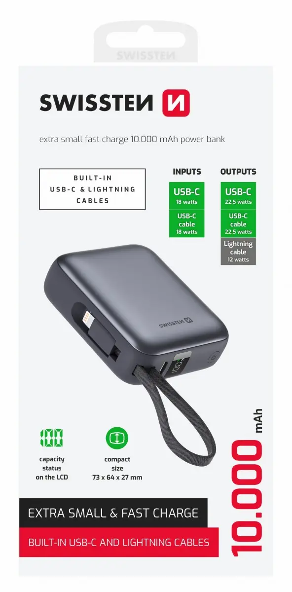Powerbank Swissten 10000 mAh s integrovanými kabely USB-C a Lightning vesmírně stříbrná
