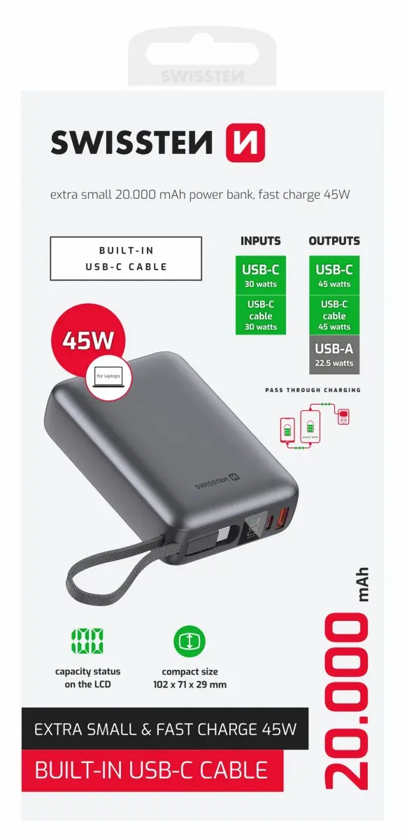 Swissten Power bank 20000 mAh 45W s integrovaným kabelem USB-C / šedá