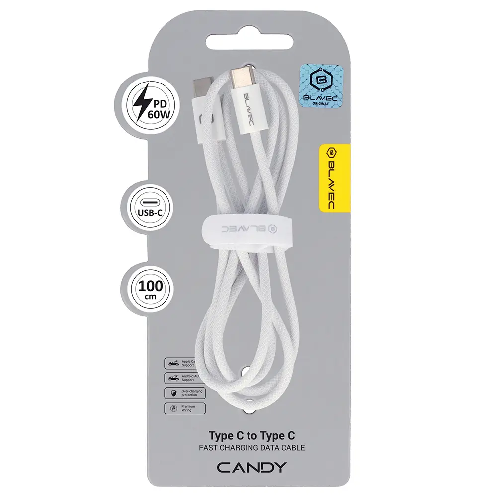 Datový kabel Blavec Candy Braided USB-C - USB-C 60W 3A 1m (CCA-CC3W10) bílý