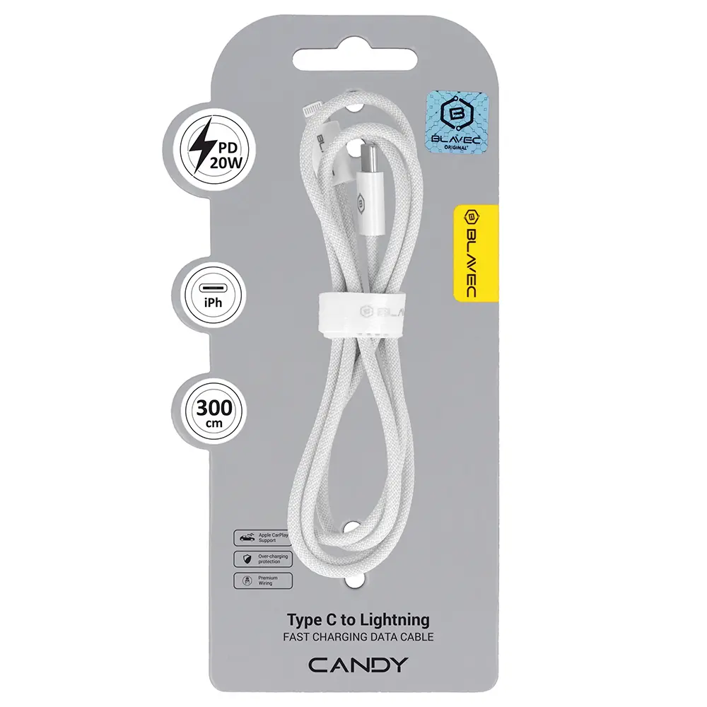 Datový kabel Blavec Candy Braided USB-C - Lightning PD 20W 2,4A 3m (CCA-CL24W30) bílý