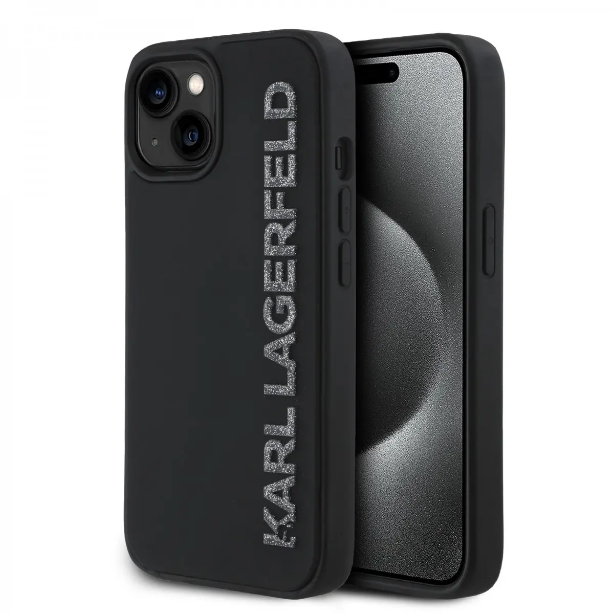 Karl Lagerfeld 3D Rubber Glitter Logo Zadní Kryt pro iPhone 15 Black KLHCP15SRBKGVCK