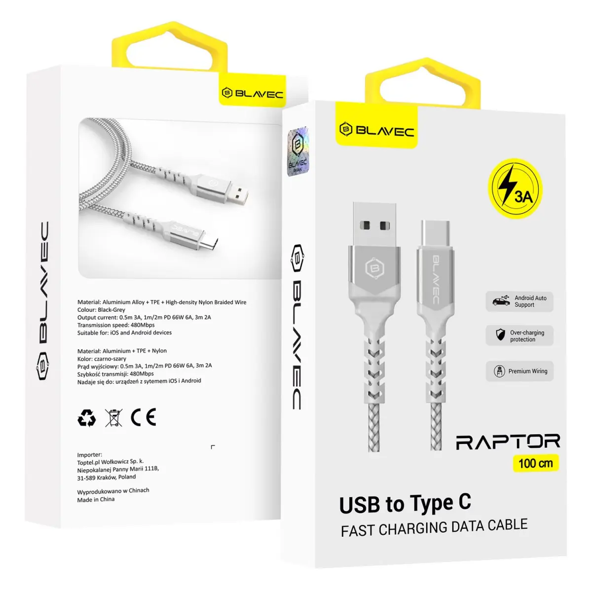 Datový kabel Blavec Raptor Braided USB-A - USB-C 3A 1m Apple CarPlay-Android Auto (CRA-UC3WS10) bílo-stříbrný
