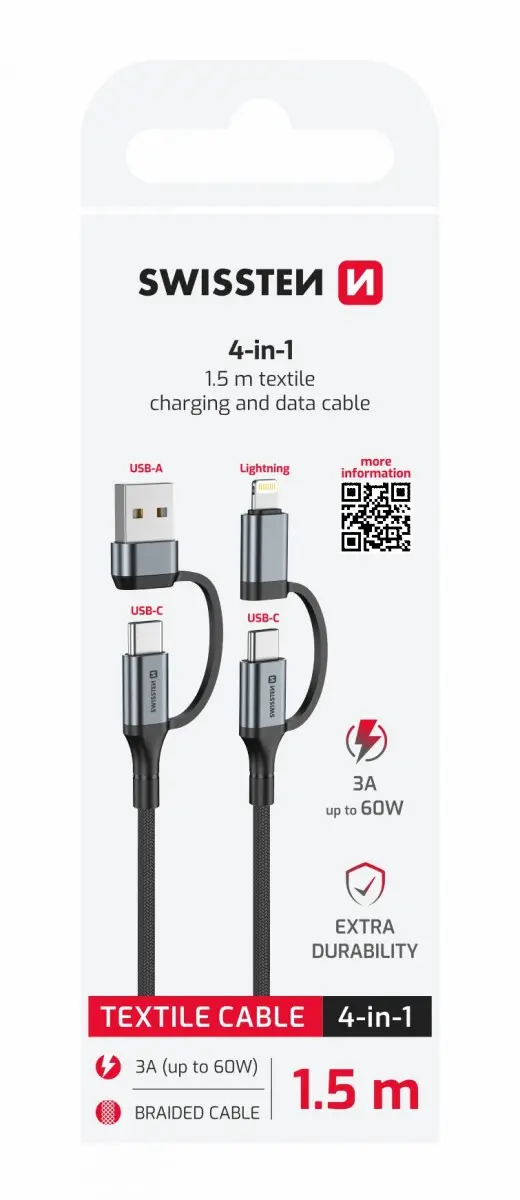 Datový kabel Swissten 4v1 3A 1,5 m černý