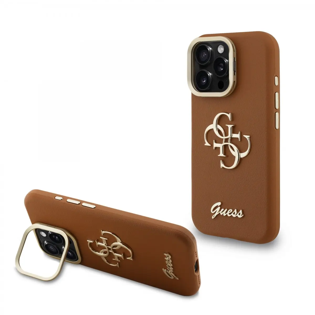 Zadní kryt Guess PU Grained 4G Logo Stand Camera Frame pro iPhone 15 Pro Max Brown