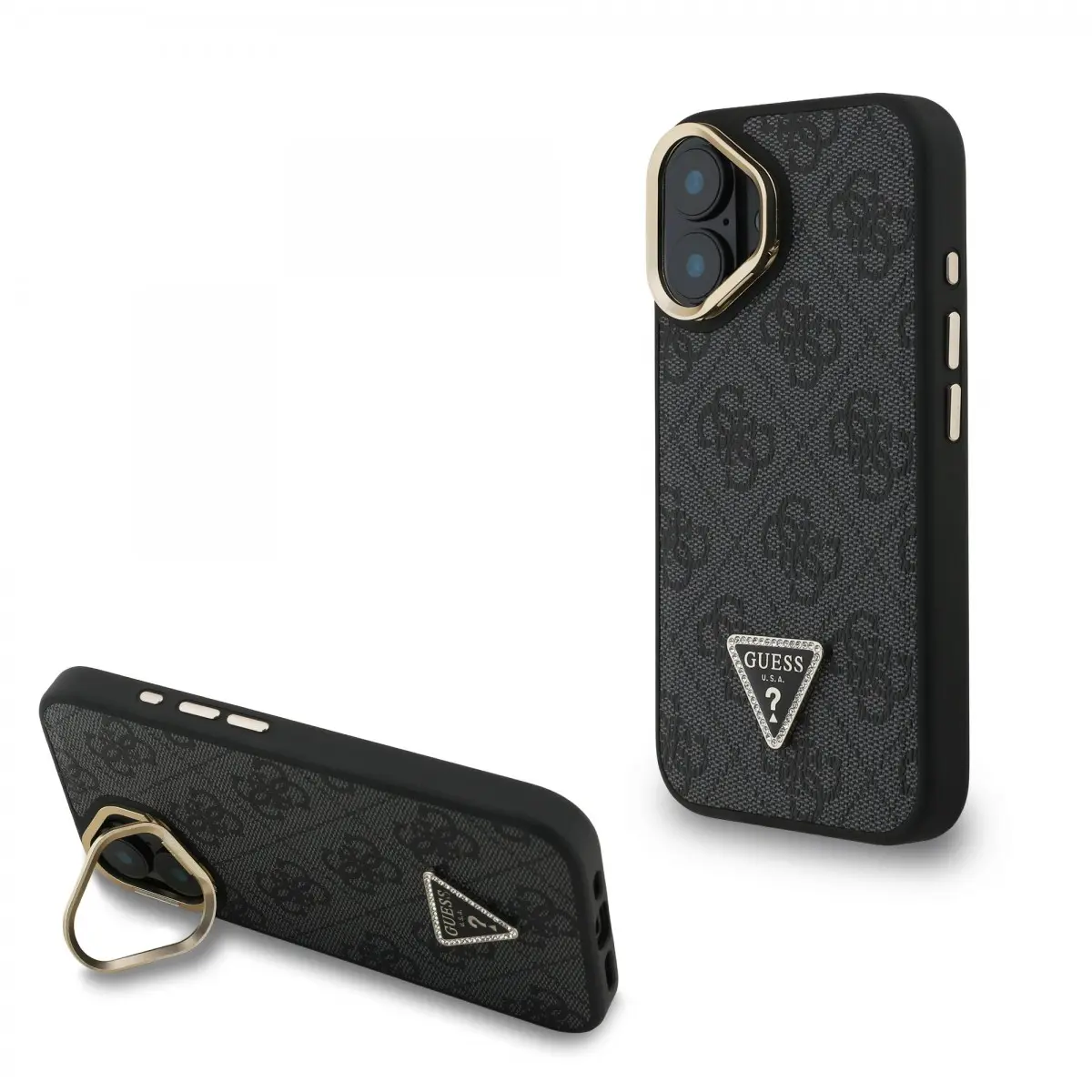 Zadní kryt Guess PU 4G Strass Triangle Logo Stand Camera Frame MagSafe pro iPhone 16 Black