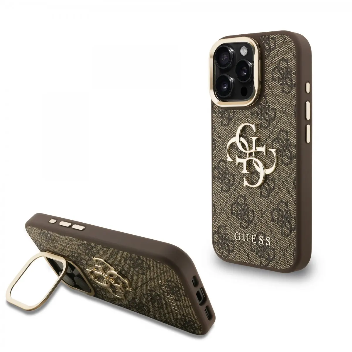 Zadní kryt Guess PU 4G Metal Logo Stand Camera Frame pro iPhone 15 Pro Max Brown
