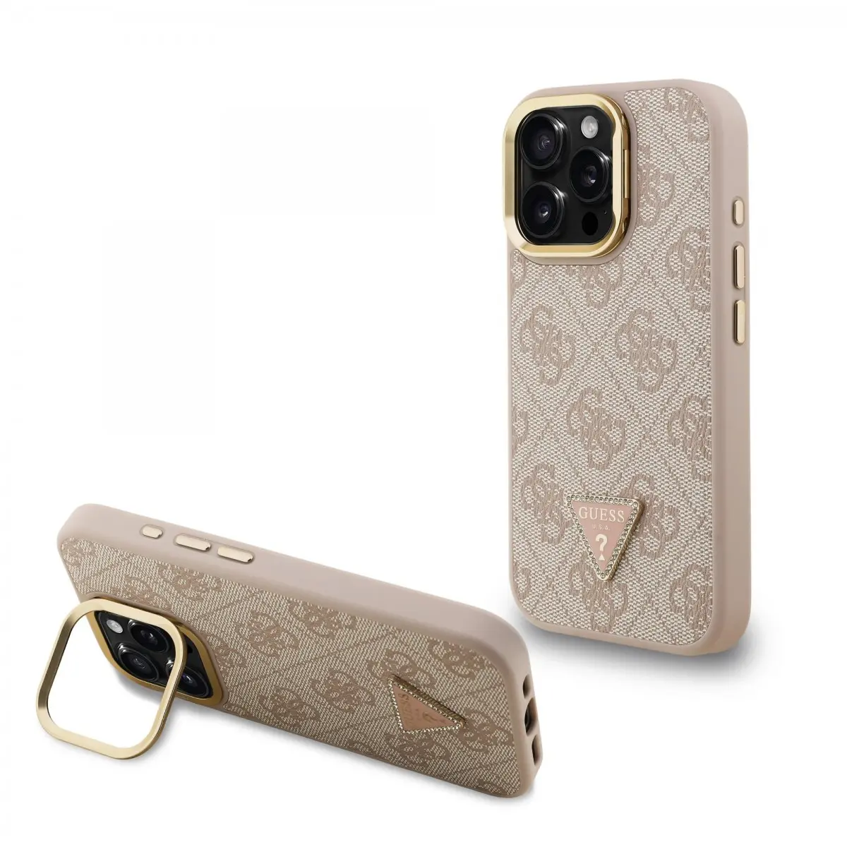 Zadní kryt Guess PU 4G Strass Triangle Logo Stand Camera Frame MagSafe pro iPhone 15 Pro Max Pink
