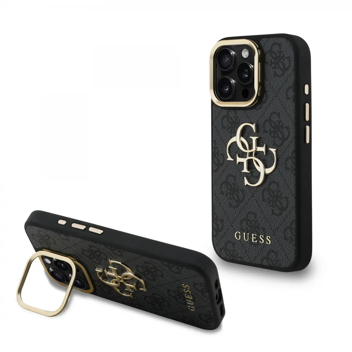 Zadní kryt Guess PU 4G Metal Logo Stand Camera Frame pro iPhone 15 Pro Black
