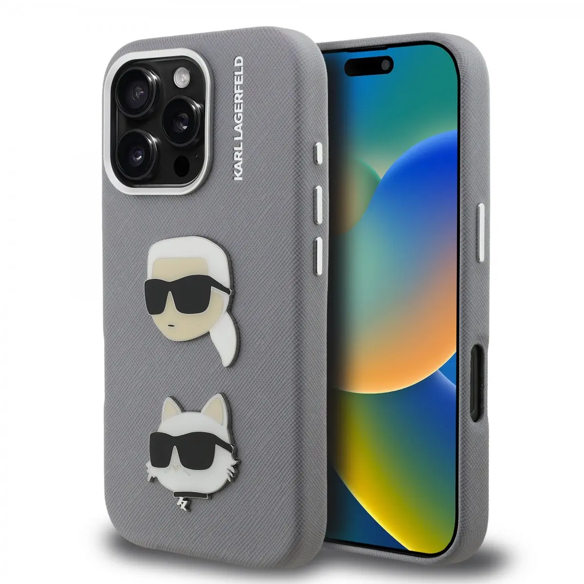 Zadní kryt Karl Lagerfeld Grained PU K&amp;CH Heads pro iPhone 16 Pro Grey