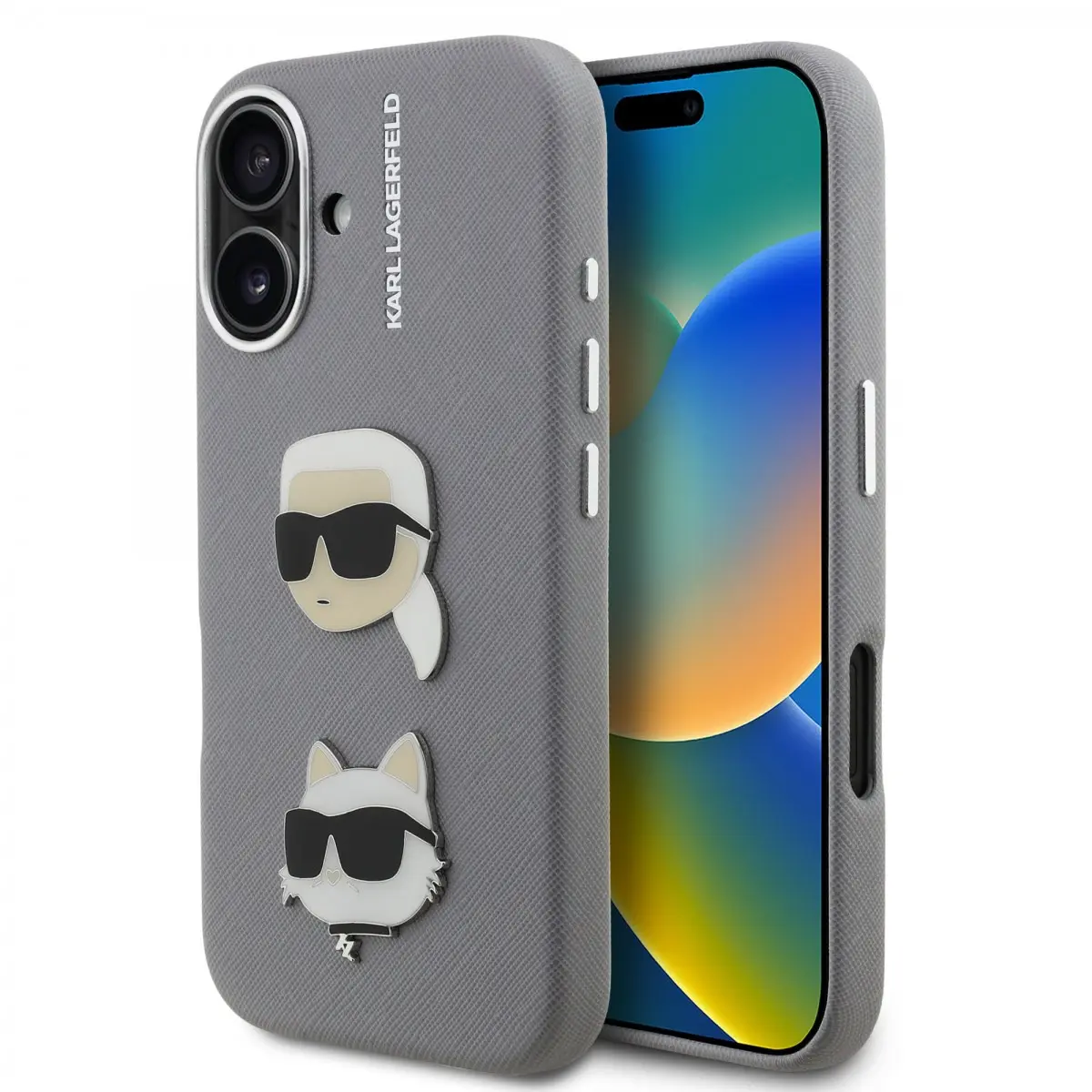 Zadní kryt Karl Lagerfeld Grained PU K&amp;CH Heads pro iPhone 16 Grey