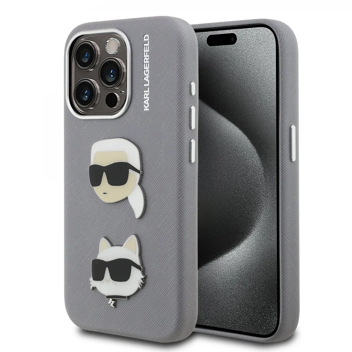 Zadní kryt Karl Lagerfeld Grained PU K&amp;CH Heads pro iPhone 15 Pro Grey