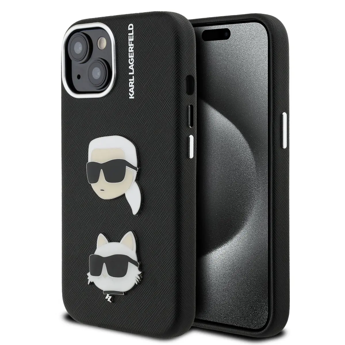 Zadní kryt Karl Lagerfeld Grained PU K&amp;CH Heads pro iPhone 15 Black