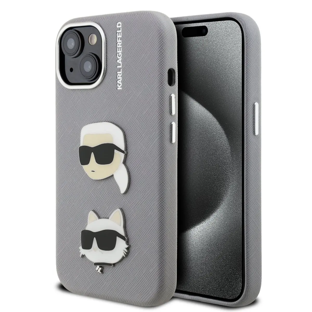 Zadní kryt Karl Lagerfeld Grained PU K&amp;CH Heads pro iPhone 15 Grey