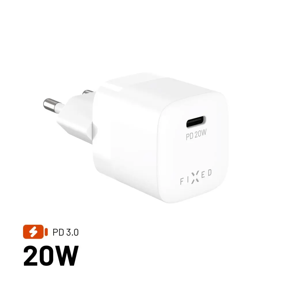 Adaptér FIXED Mini s USB-C výstupem a podporou PD, 20W, bílý