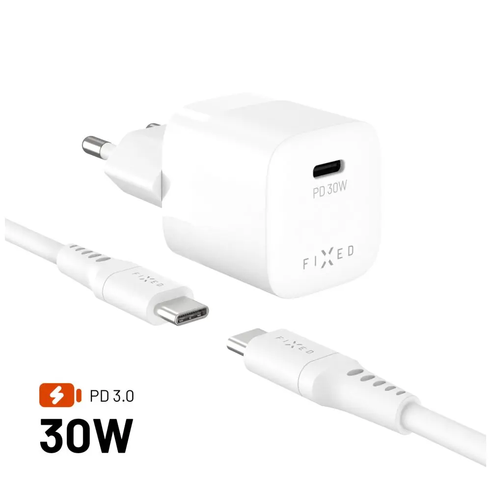 Set síťové GaN nabíječky FIXED Mini s USB-C výstupem a USB-C/USB-C kabelu, podpora PD, 1,2 metr, 30W, bílý