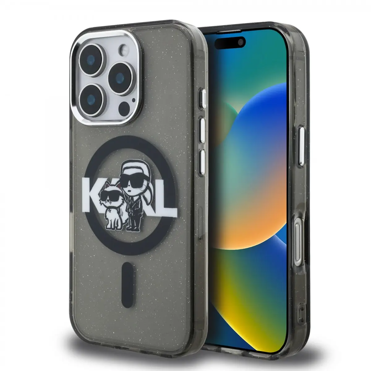 Zadní kryt Karl Lagerfeld IML Glitter Karl and Choupette Sketch MagSafe pro iPhone 16 Pro Black