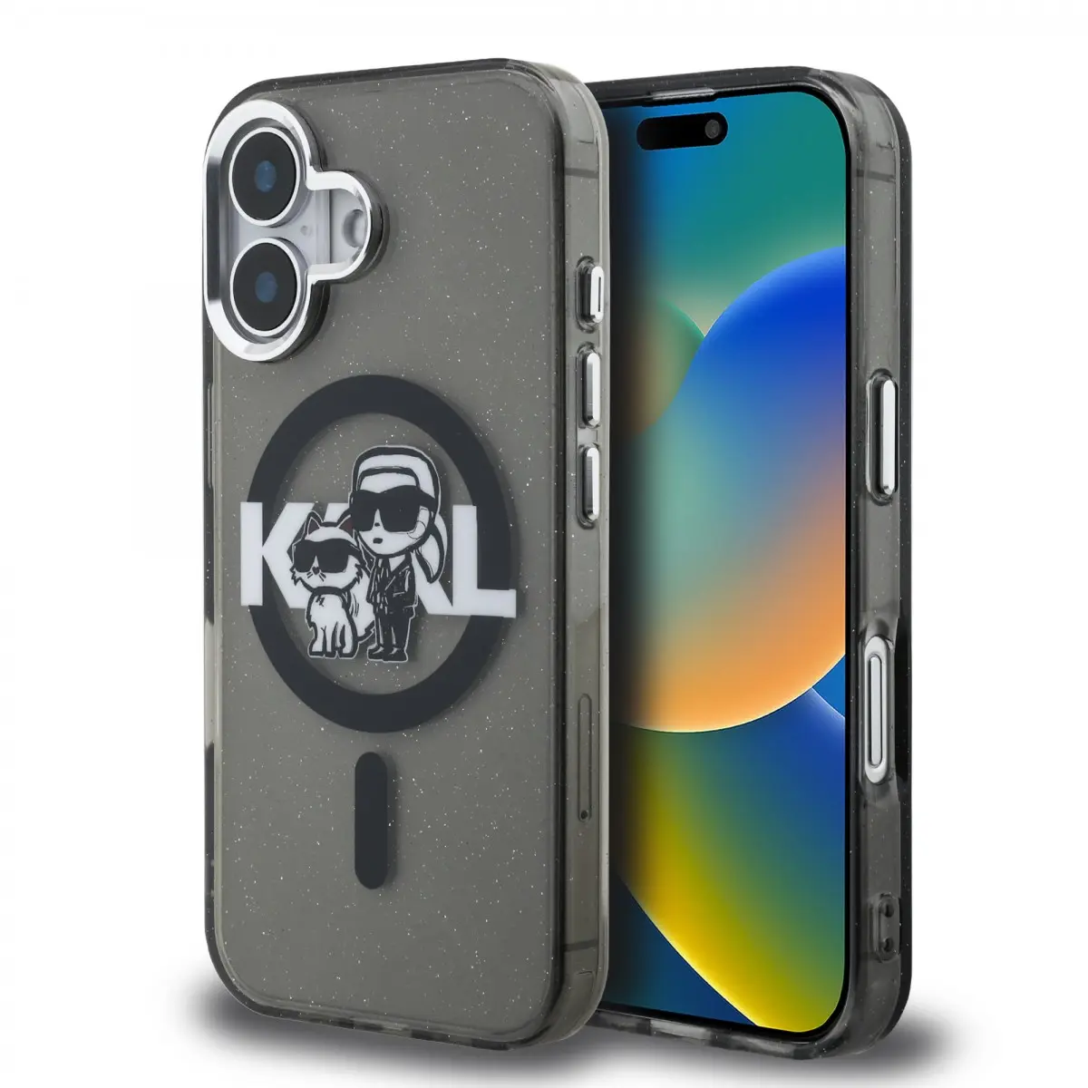 Zadní kryt Karl Lagerfeld IML Glitter Karl and Choupette Sketch MagSafe pro iPhone 16 Black