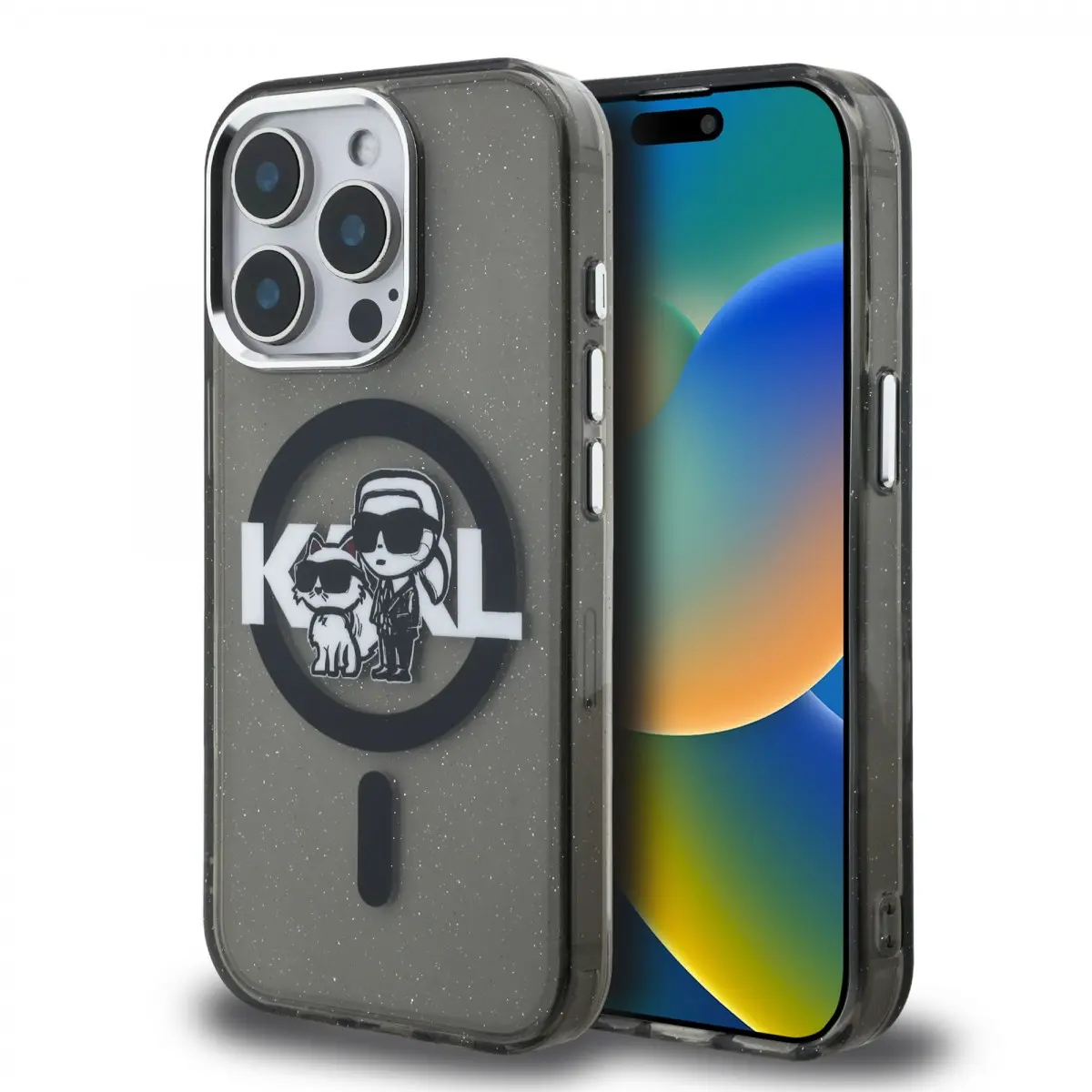 Zadní kryt Karl Lagerfeld IML Glitter Karl and Choupette Sketch MagSafe pro iPhone 15 Pro Black