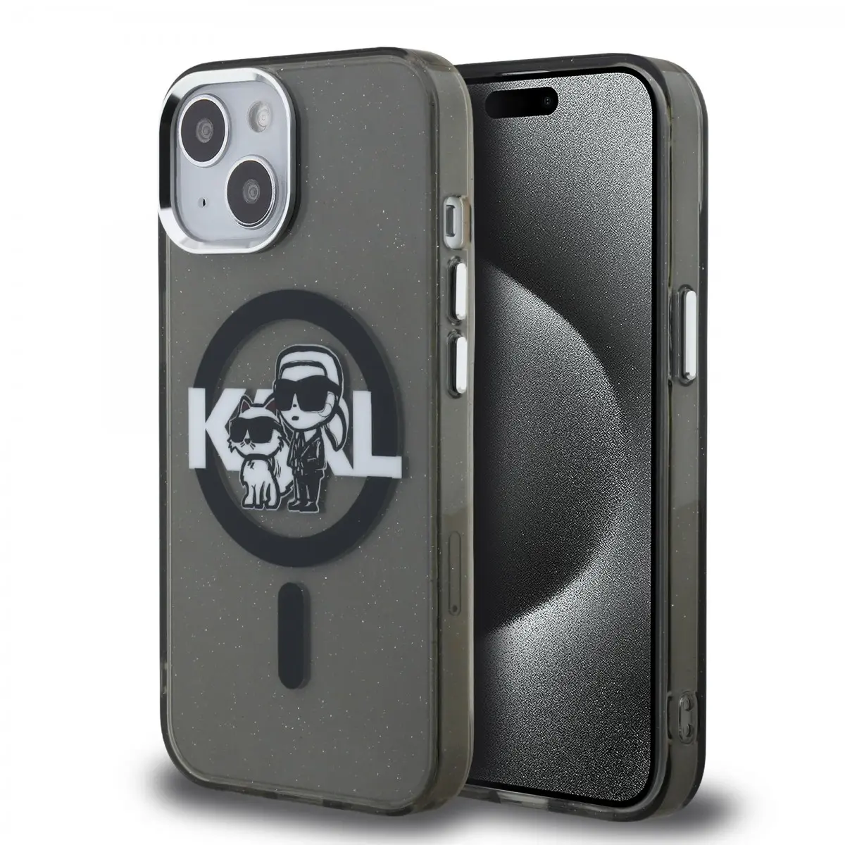 Zadní kryt Karl Lagerfeld IML Glitter Karl and Choupette Sketch MagSafe pro iPhone 15 Black