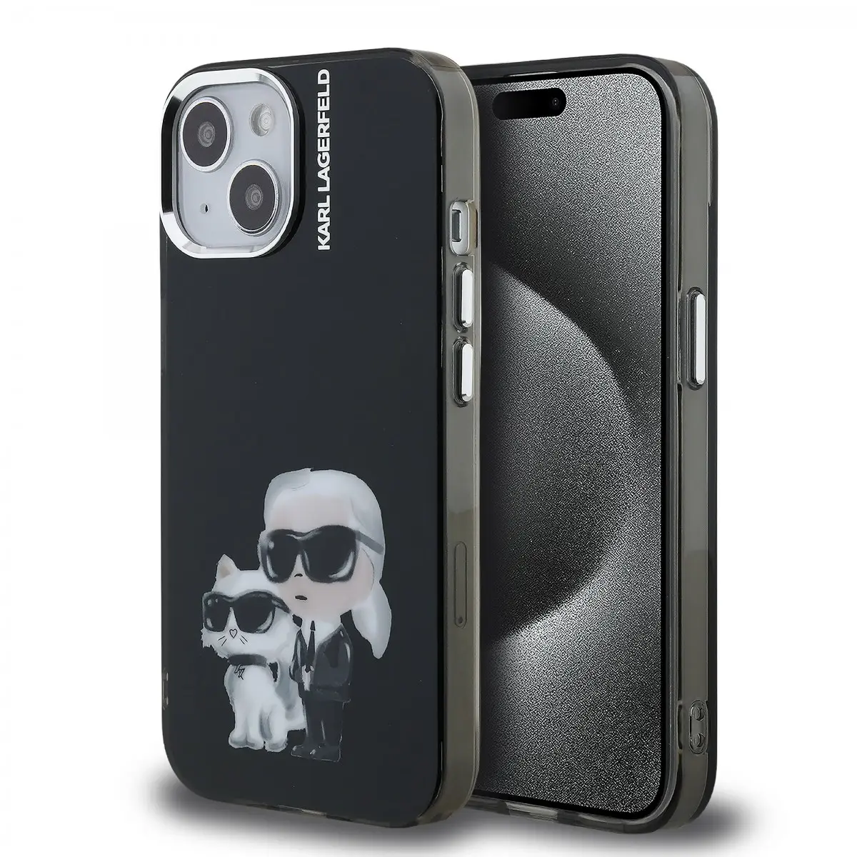 Zadní kryt Karl Lagerfeld IML Aquarelle Karl and Choupette pro iPhone 15 Black
