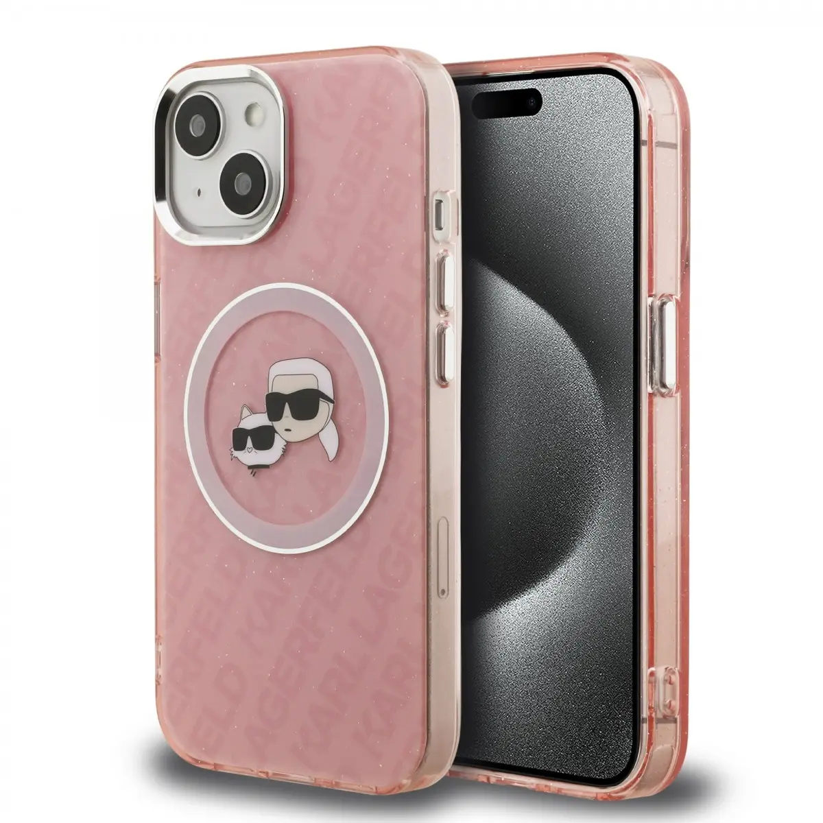 Zadní kryt Karl Lagerfeld IML K&amp;CH Heads Repeated Logo MagSafe pro iPhone 15 Pink