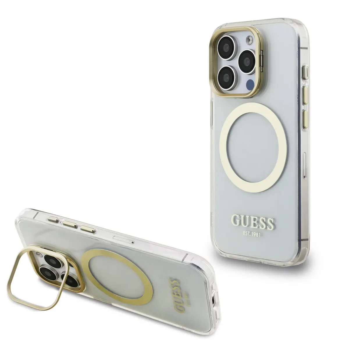 Zadní kryt Guess IML Gold Outline Stand Camera Frame MagSafe pro iPhone 15 Pro Transparent