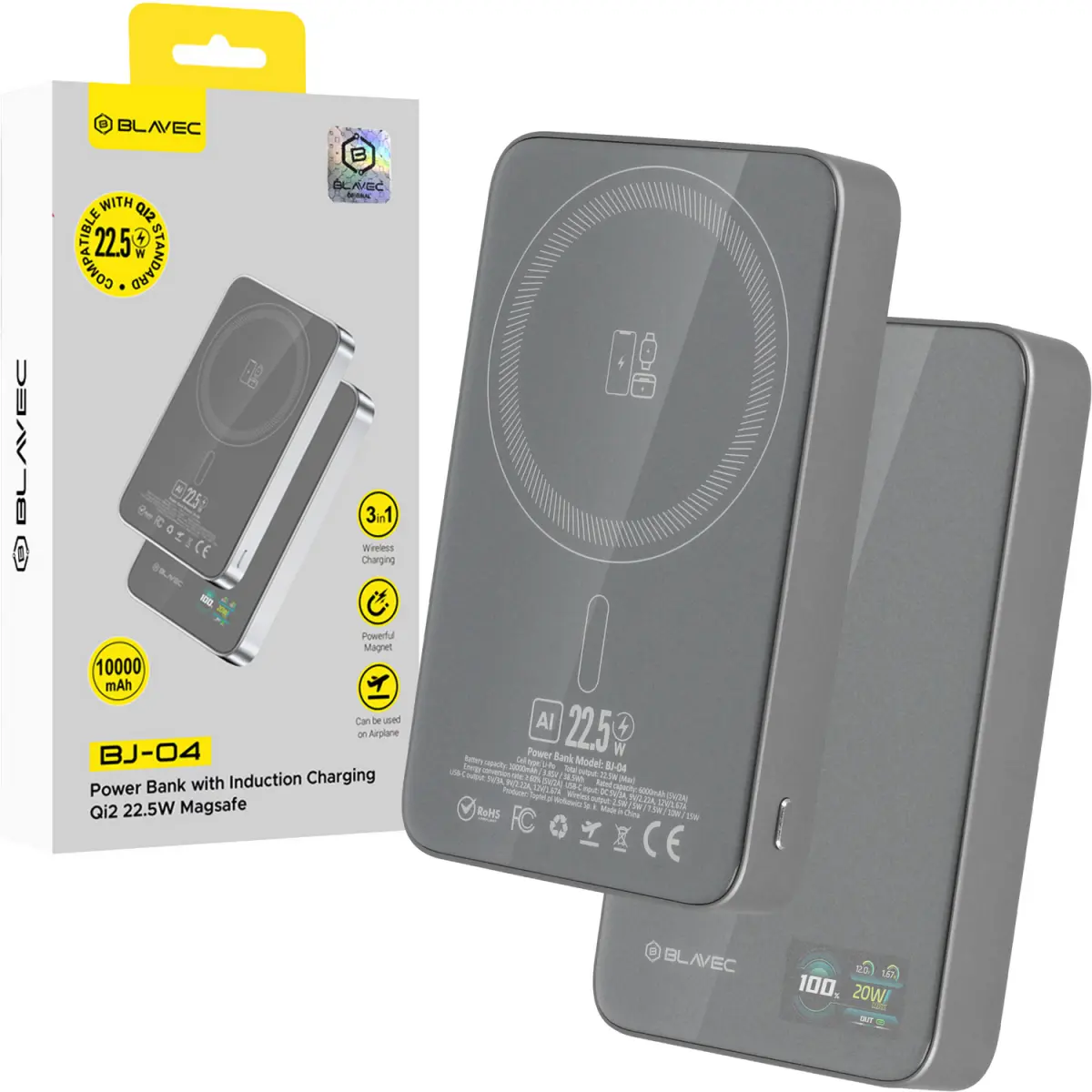Powerbank Blavec BJ-04 Slim 13,5mm 10000mAh USB-C magnetic Magsafe 3v1 (PBBJ04-MC10G) 22,5W grey