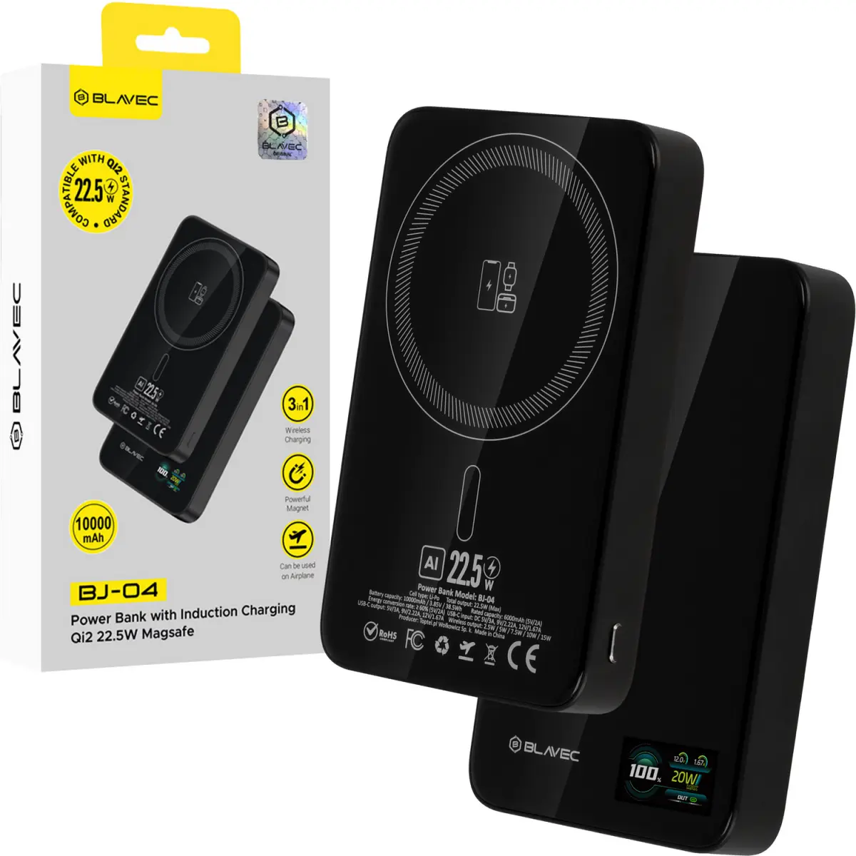 Powerbank Blavec BJ-04 Slim 13,5mm 10000mAh USB-C magnetic Magsafe 3v1 (PBBJ04-MC10B) 22,5W black