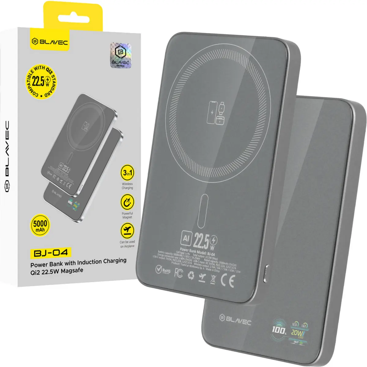 Powerbank Blavec BJ-04 Ultra Slim 7,8mm 5000mAh USB-C magnetic Magsafe 3V1 (PBBJ04-MC5G) 22,5W grey