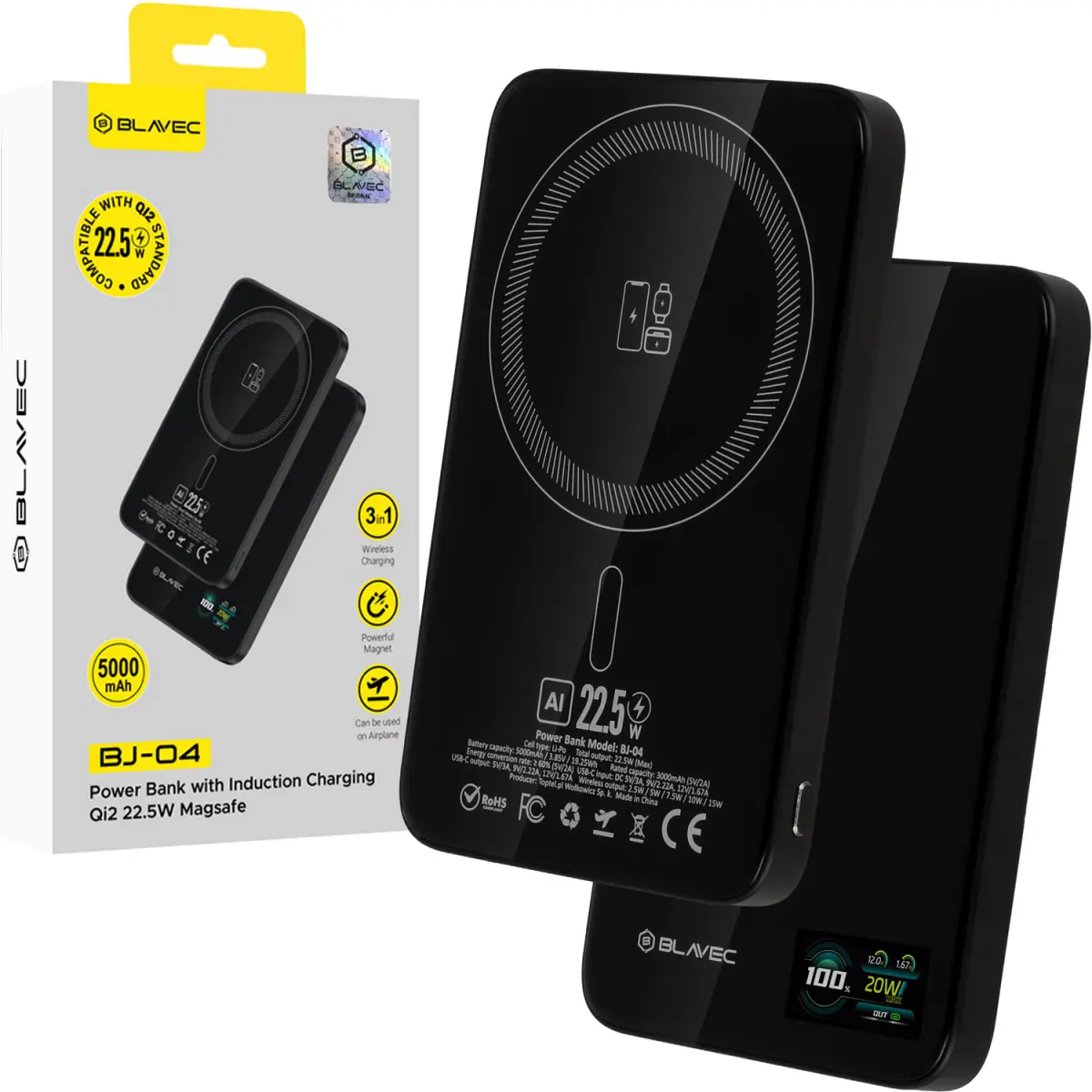 Powerbank Blavec BJ-04 Ultra Slim 7,8mm 5000mAh USB-C magnetic Magsafe 3v1 (PBBJ04-MC5B) 22,5W black