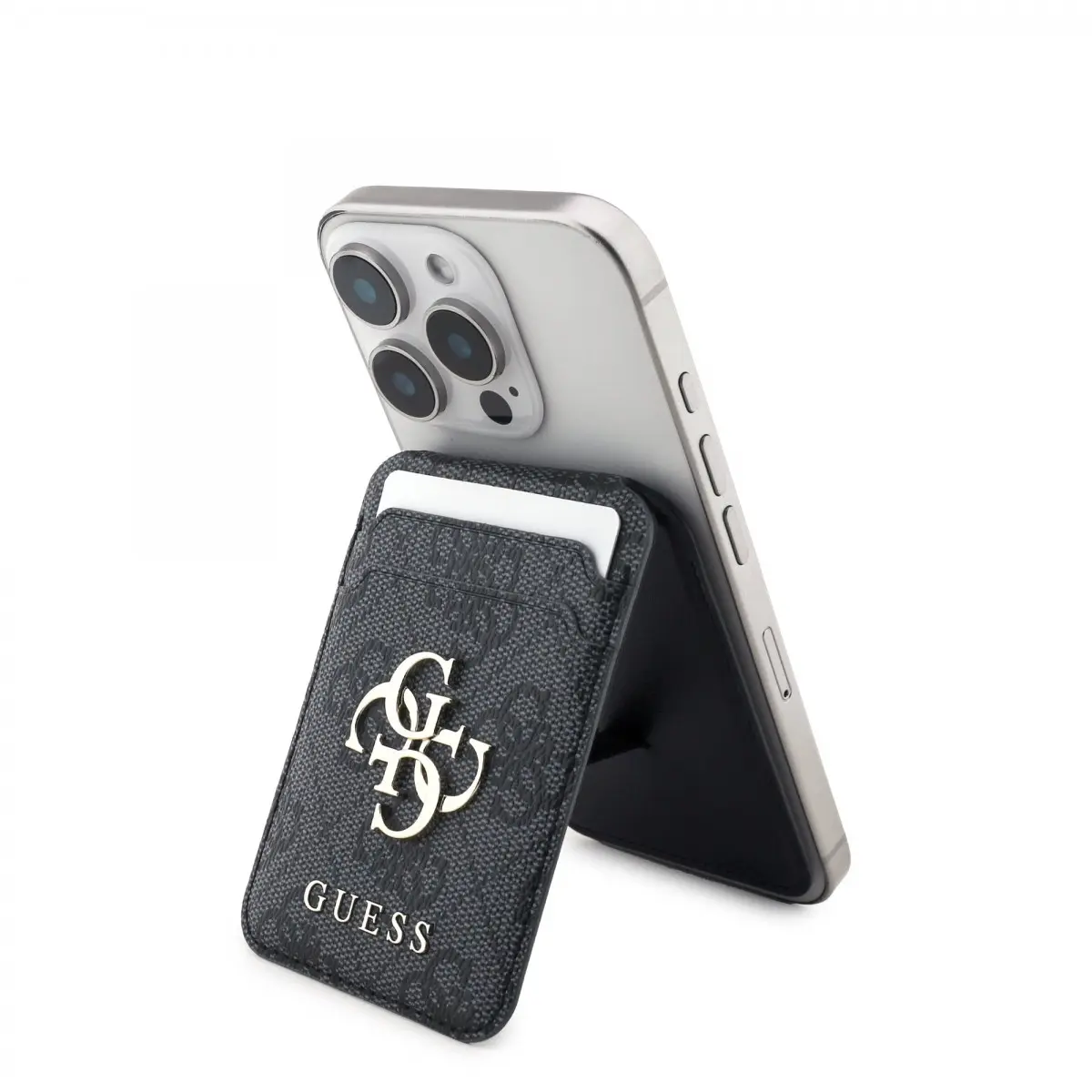 Pouzdro na karty se stojanem Guess 4G Metal Logo MagSafe Cardslot Black