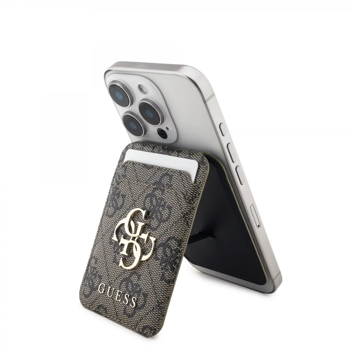 Pouzdro na karty se stojanem Guess 4G Metal Logo MagSafe Cardslot Brown