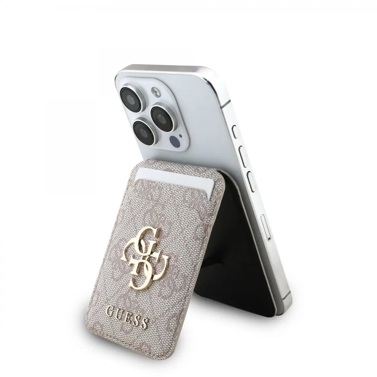 Pouzdro na karty se stojanem Guess 4G Metal Logo MagSafe Cardslot Pink