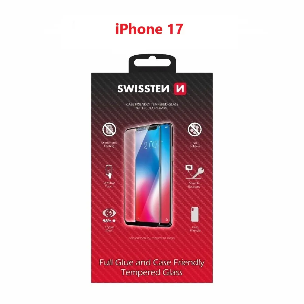 Tvrzené sklo Swissten full glue, color frame, case friendly pro Apple iPhone 17 černé