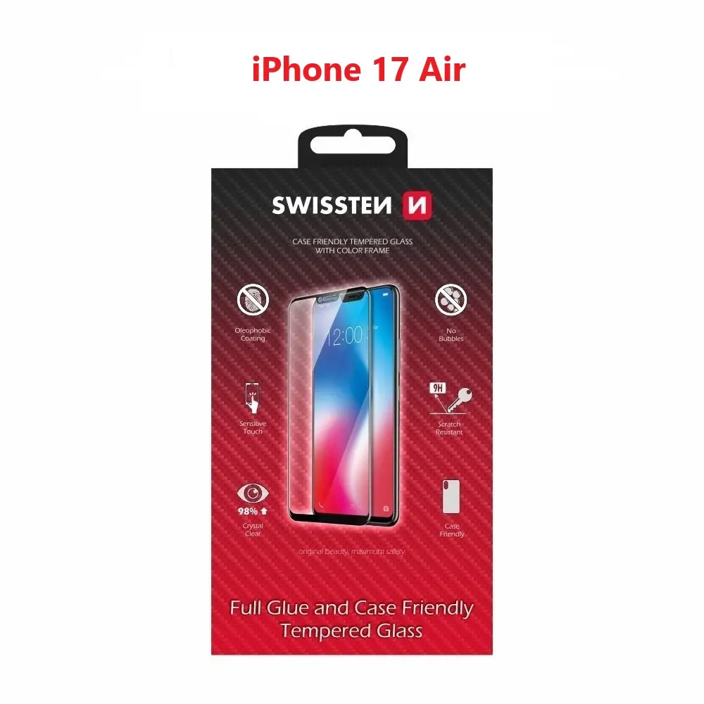 Tvrzené sklo Swissten full glue, color frame, case friendly pro Apple iPhone 17 Air černé