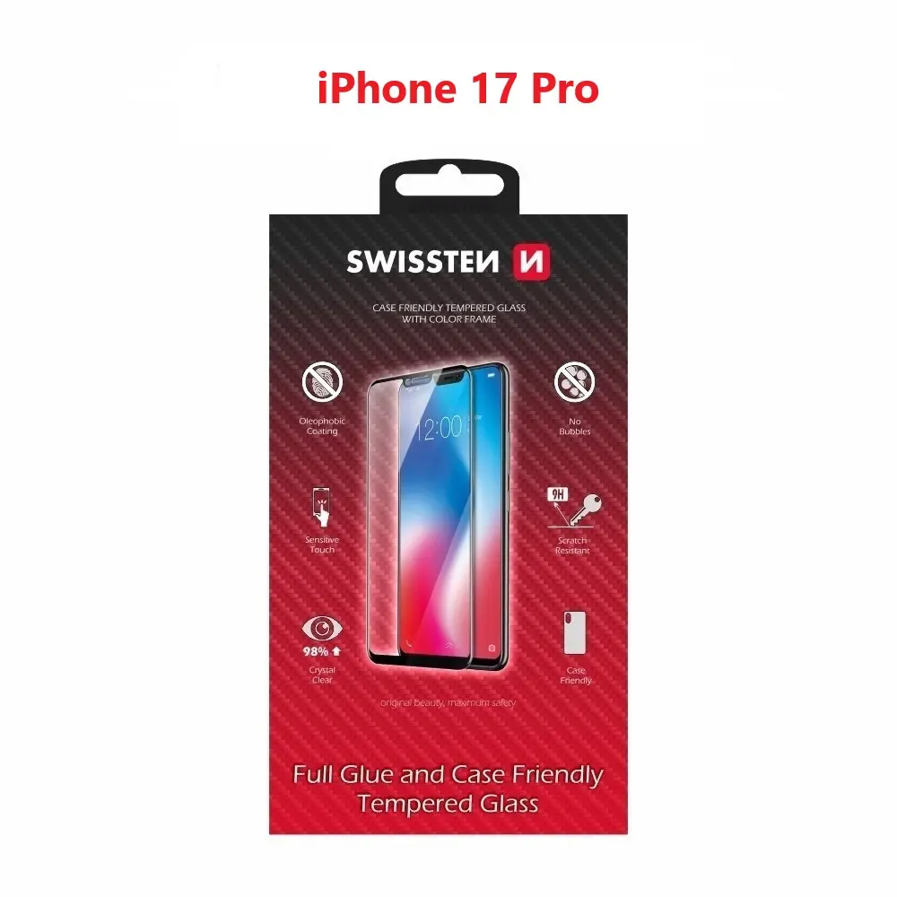 Tvrzené sklo Swissten full glue, color frame, case friendly pro Apple iPhone 17 Pro černé