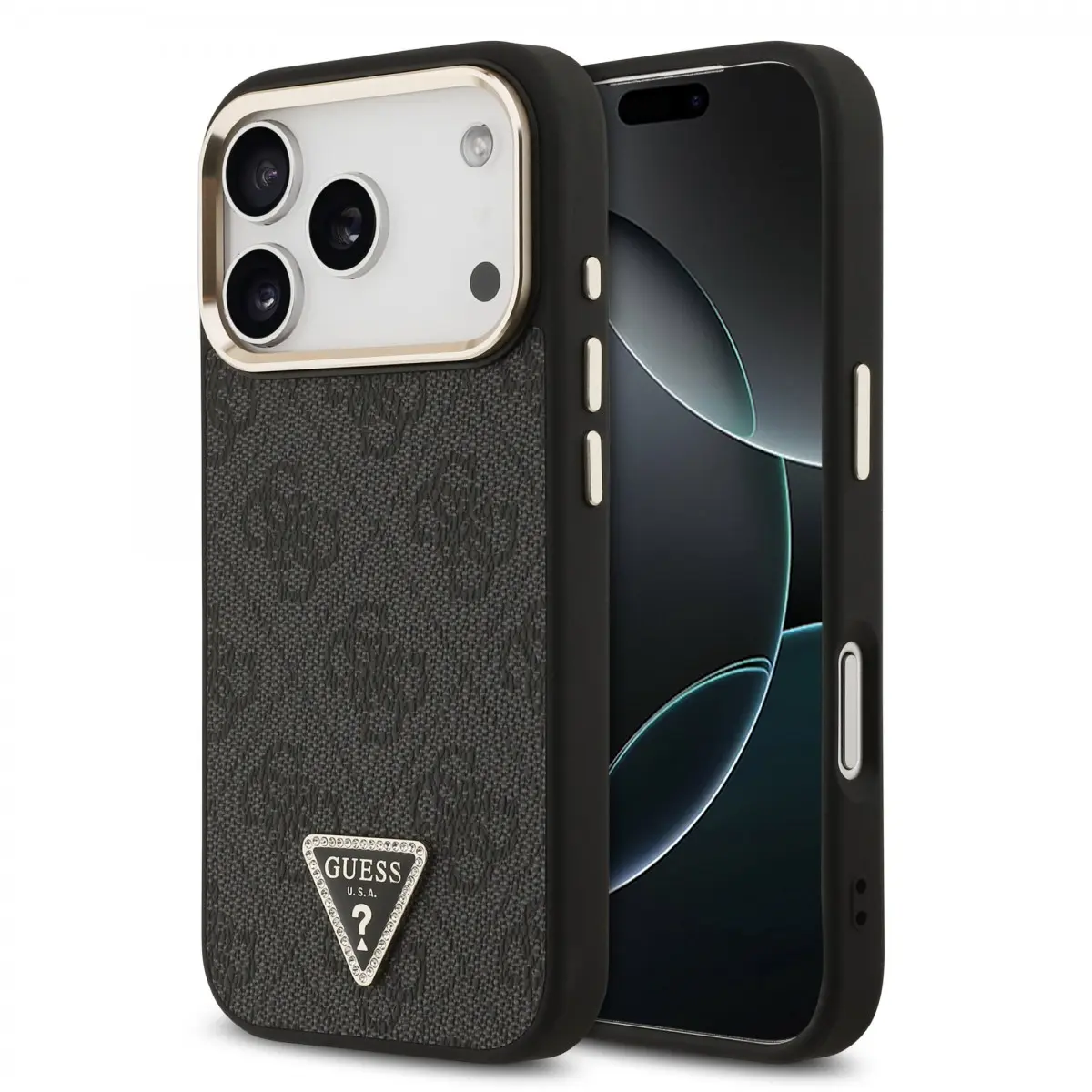 Guess PU Leather 4G Strass Triangle Logo Gold Frame MagSafe Zadní Kryt pro iPhone 17 Pro Black GUHMP17LP4GTDGMK