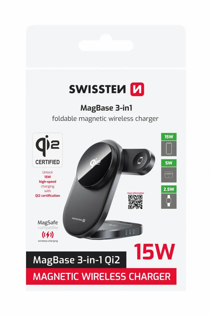 Swissten MagBase Skládací bezdrátová nabíječka 3v1, Qi2, černá